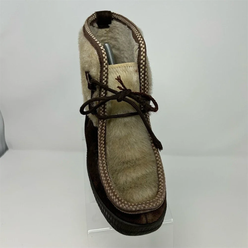 Snowland Vintage Apres Ski Snow Boots Womens Brown Cream Lace-Up Ankle Size 36